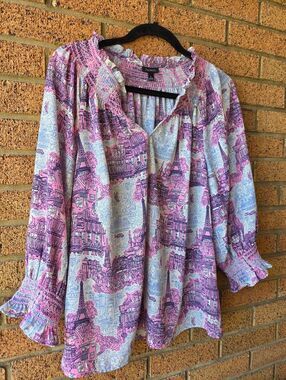 Talbots Paris Cityscape Toile Smocked Blouse – Size Large